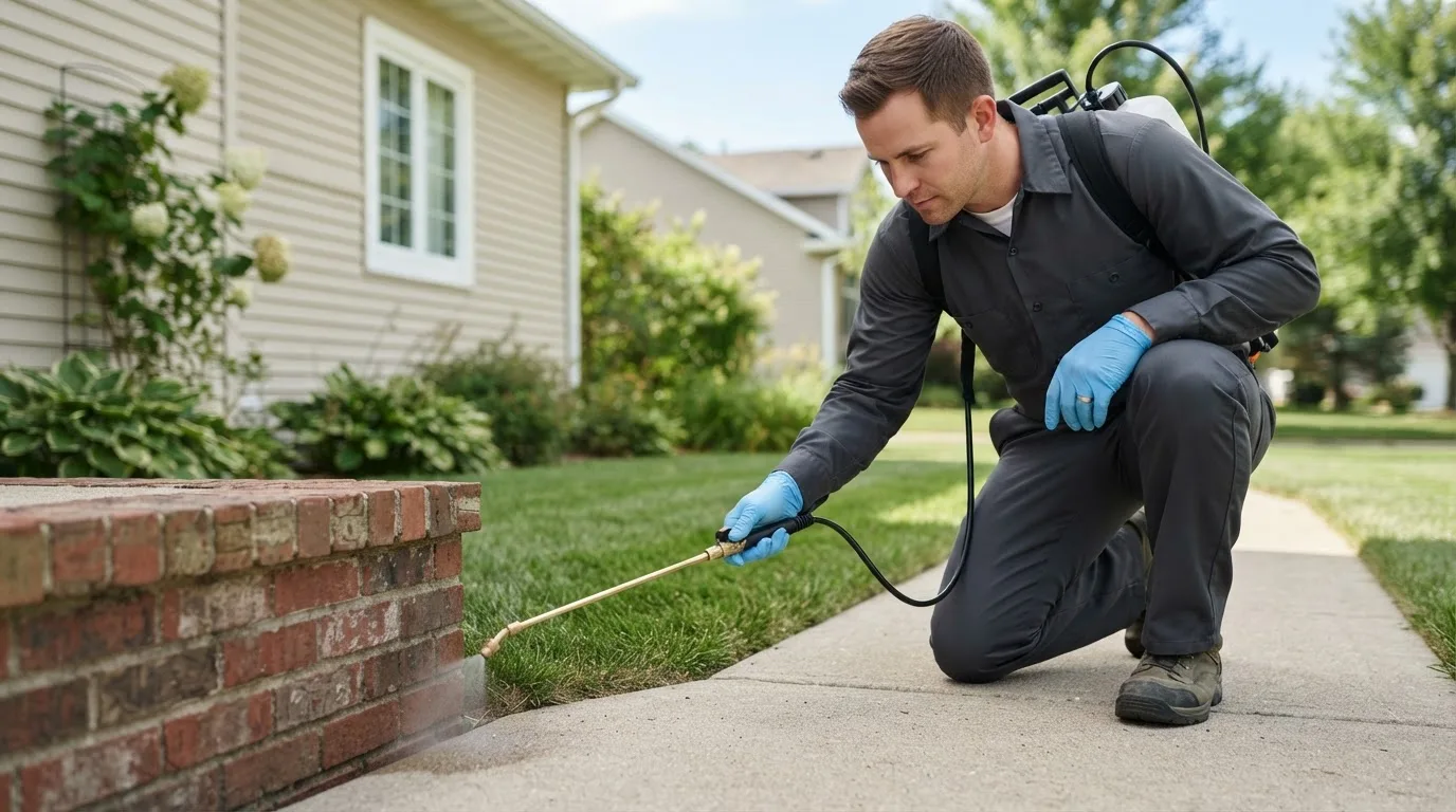Pest control technician treating a home near Mount Summit, IN