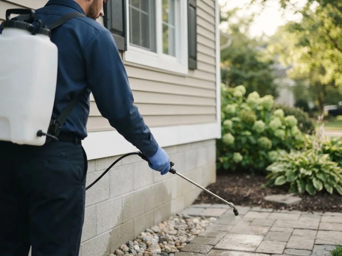 Pest control technician inspecting a home in Mount Summit, IN